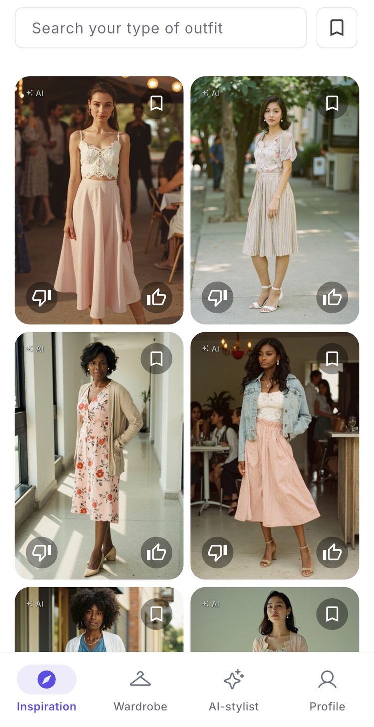 The Trendo inspiration feed: a scrollable grid of complete outfits, each marked as AI-generated, with thumbs up and down to teach the app your taste.