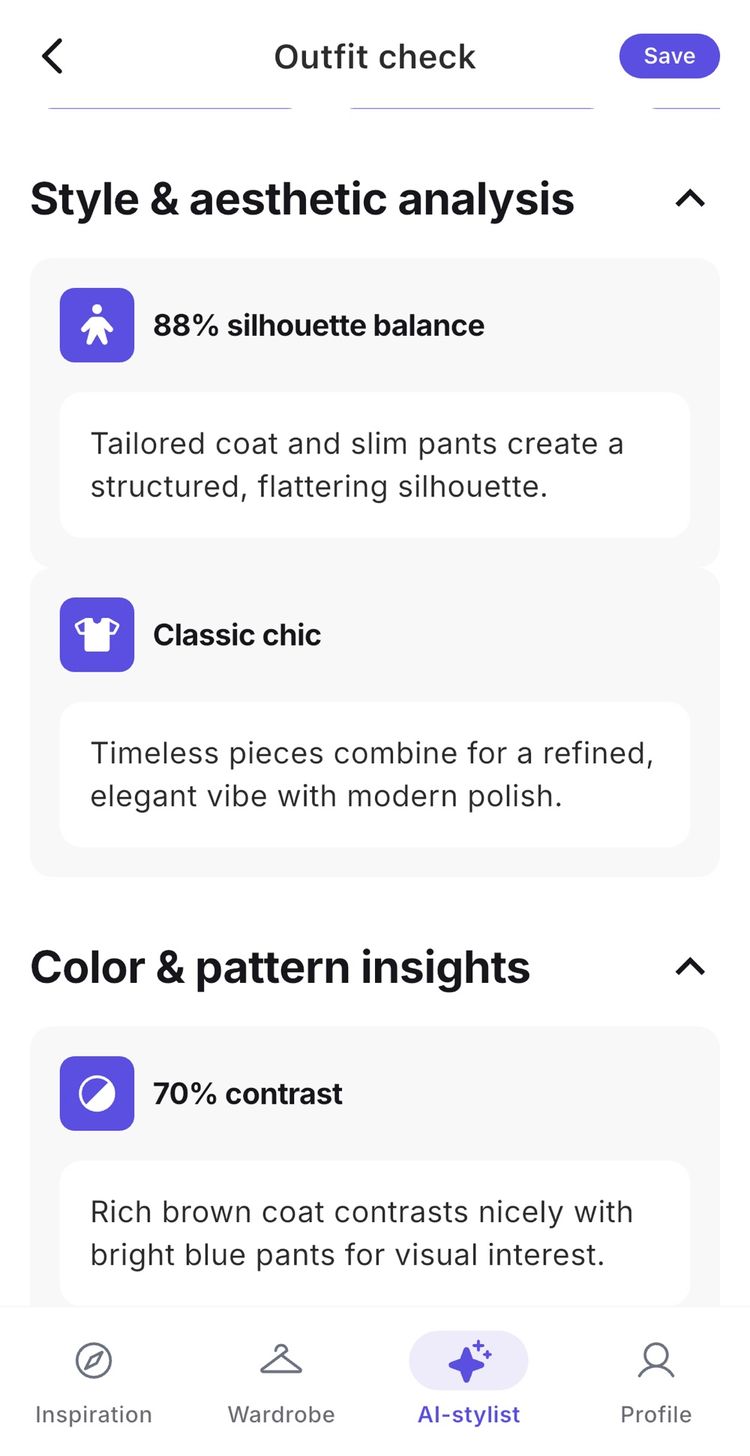 The Trendo app showing an outfit check result: 88% silhouette balance, a Classic chic style read, and 70% colour contrast, each with a written explanation.