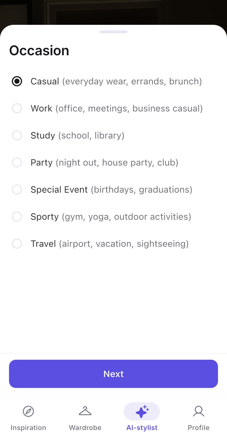 The Trendo occasion picker: Casual, Work, Study, Party, Special Event, Sporty and Travel, with Casual selected.
