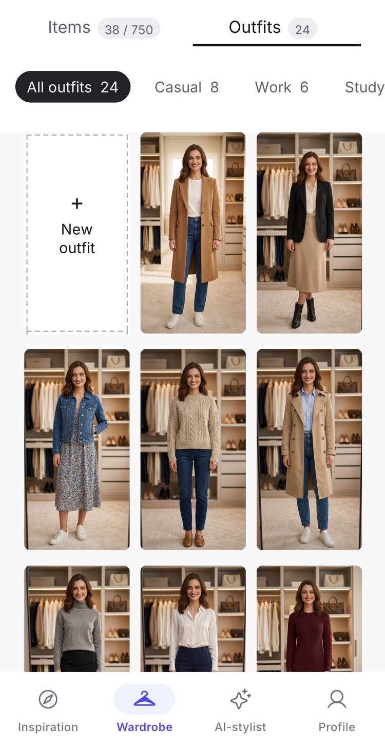 The Trendo outfits tab: complete looks built from the user's own wardrobe, each shown on a full-length image.