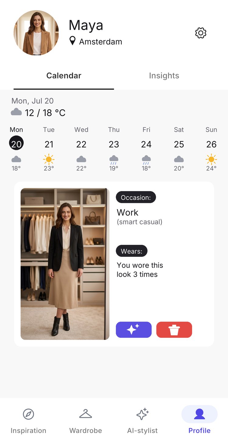 The Trendo calendar: a week strip with a forecast under each day, and an outfit planned for Monday, labelled with its occasion and how many times it has been worn.