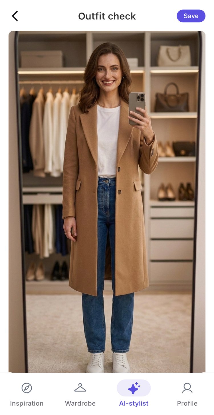 The Trendo app showing an outfit rendered onto a full-length image of the user.