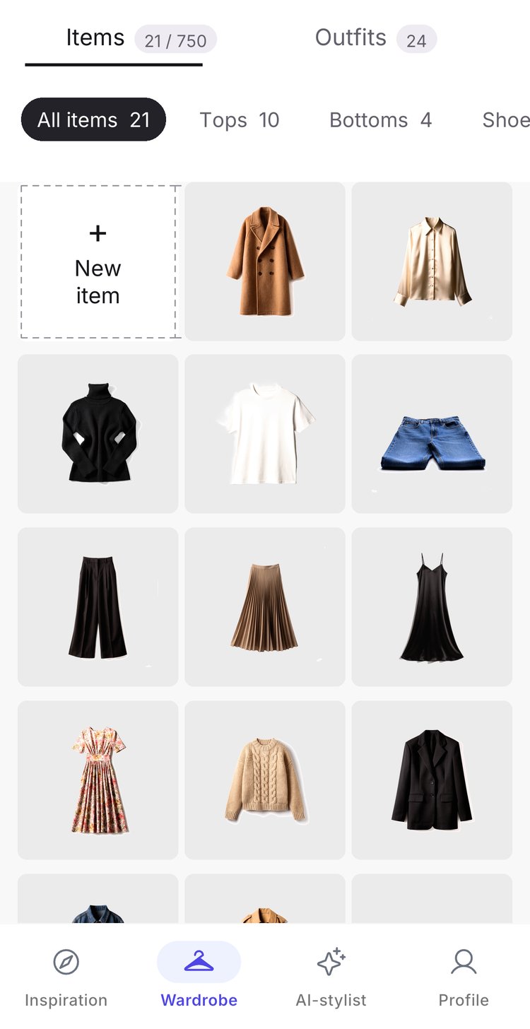 A Trendo wardrobe: 21 garments laid out in a grid, filterable by Tops, Bottoms, Shoes, Coats and Accessories.